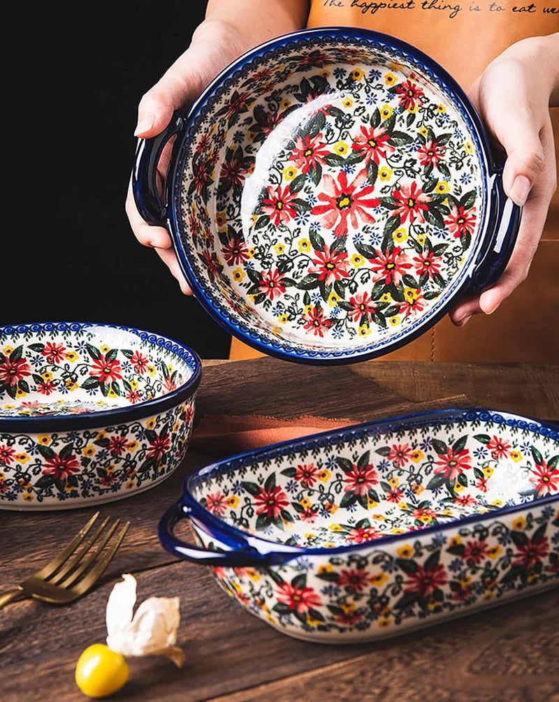 Bicuzat Red Daisy Flower Vintage Style Ceramic Bakeware Casserole Dish Baking Pan Lasagna Pans Baking Dish with Handles for Oven/Cooking/Kitchen-1 PCS, 22 OZ - Image 4