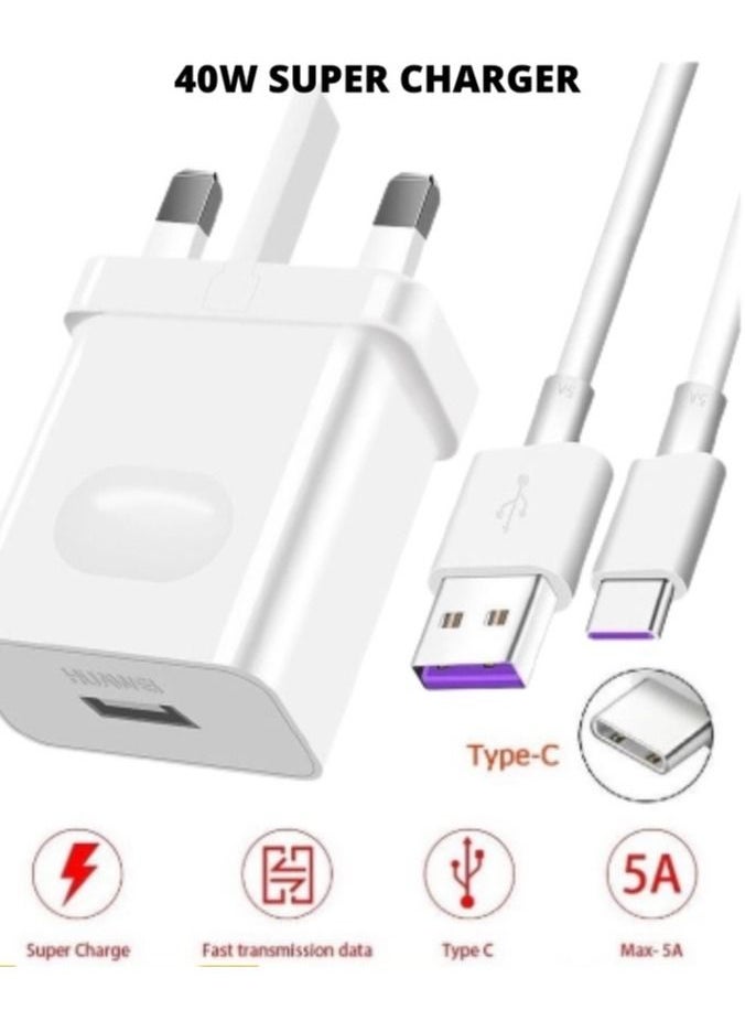 Generic - Quick Charging Travel Fast Charger With Type-C Cable & Wall Charger For Mobile Phones P30 P30 PRO P20, For Huawei P20 Pro White - Image 1