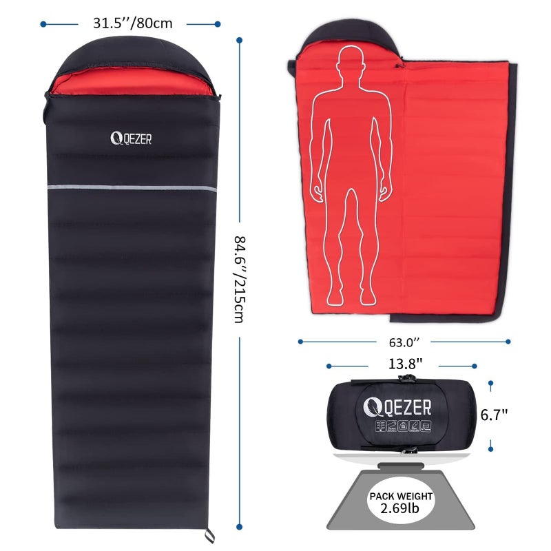 Qezer Down Sleeping Bag For Adults 600 Fill Power Down Sleeping Bag Cold Weather Ultralight Sleeping Bag With Compression Sack For Backpacking  Camping  Hiking (500G Down Filling-Black-Right Zip) - Image 2