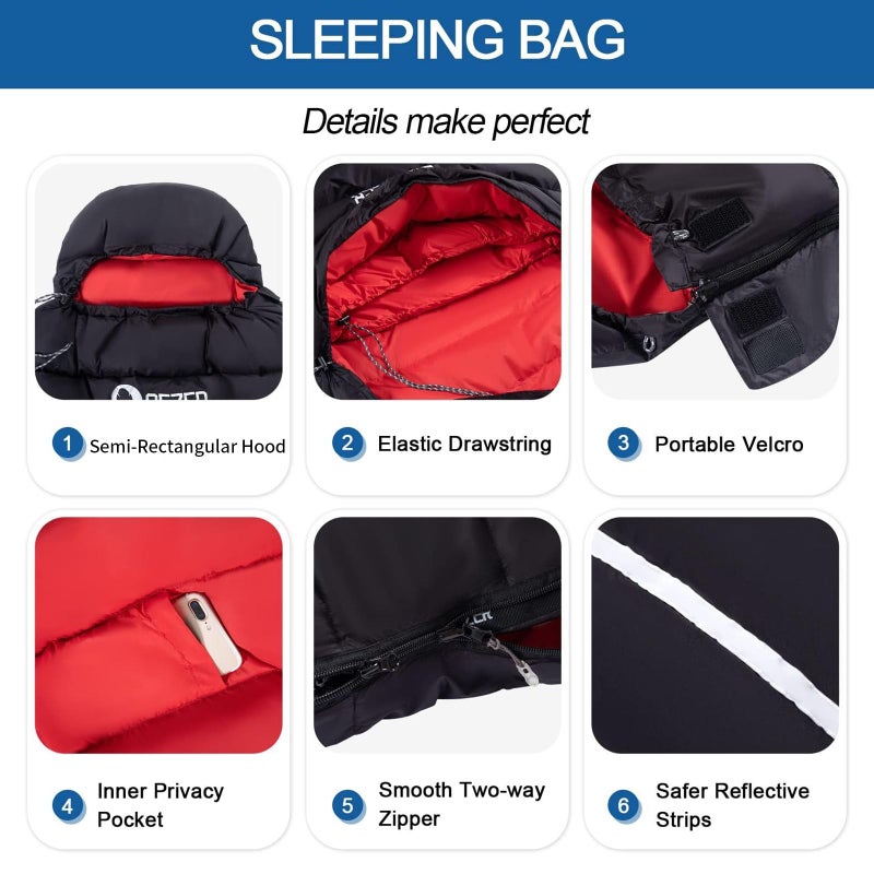 Qezer Down Sleeping Bag For Adults 600 Fill Power Down Sleeping Bag Cold Weather Ultralight Sleeping Bag With Compression Sack For Backpacking  Camping  Hiking (500G Down Filling-Black-Right Zip) - Image 4