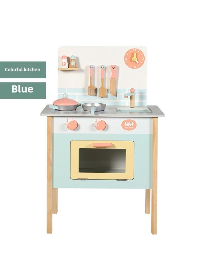 Children's Simulation Kitchen Play House Gas Stove Colorful Kitchenware Tableware Cutting Music Cooking Wooden Toy Set-Color:YLB-Colorful Kitchen (Blue) - Image 1