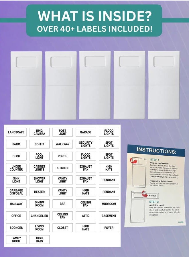 ISC Identify Switch Cover – Thin Plastic Wall Plate Overlays with Labels for Light Switches, 5 Pack, White - Image 3