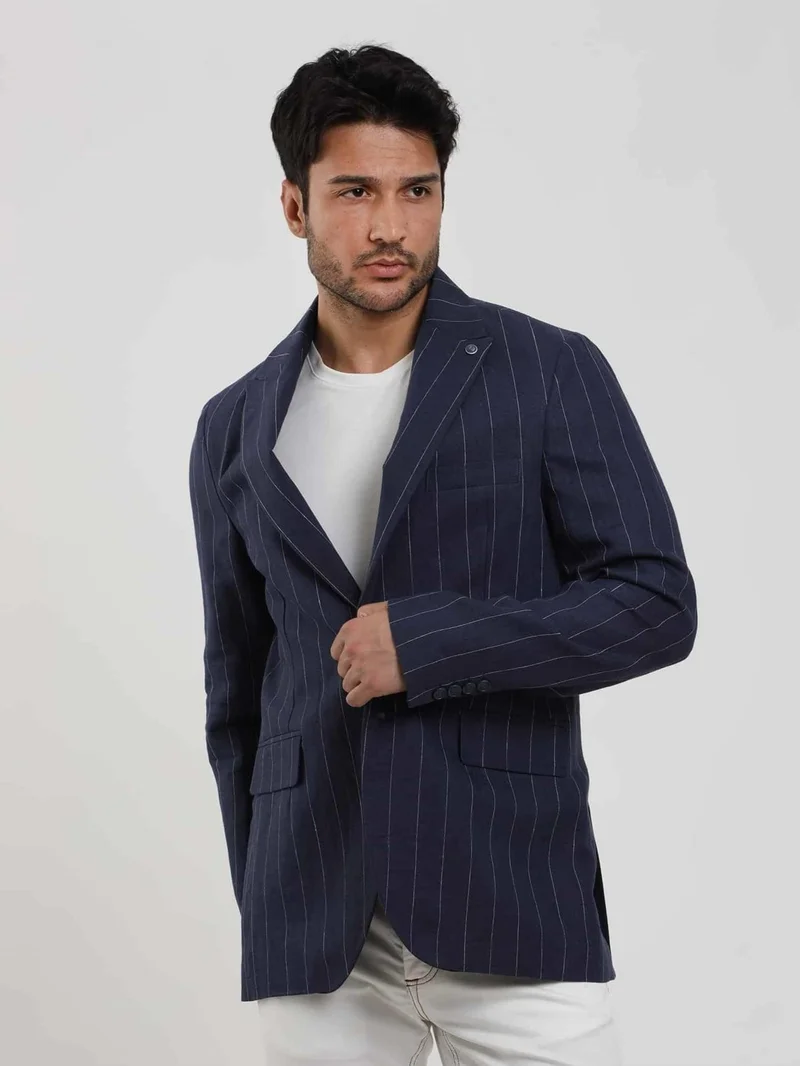 Navy Blue Men's Regular Fit Striped Pointed Collar Linen Jacket 104439