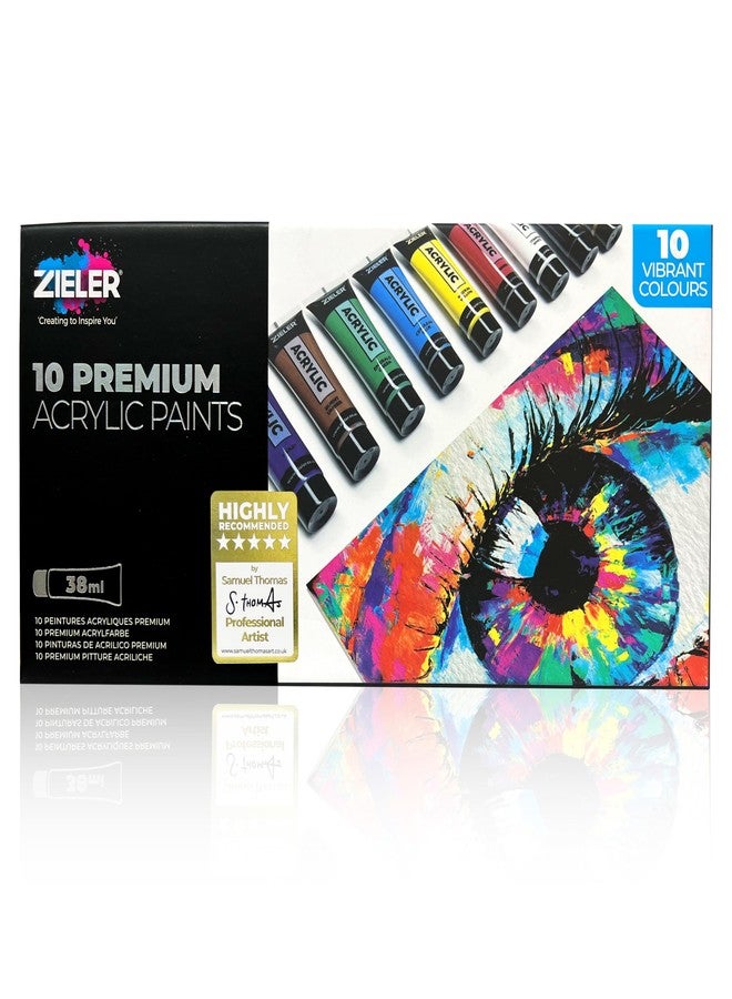 Zieler Premium Acrylic Paint Set (10 Tubes – 38ml - Essential Colours) Ideal for Paper, Canvas, Wood, Ceramic, Fabric & Crafts. Vibrant Colours & Rich Pigments - Image 1