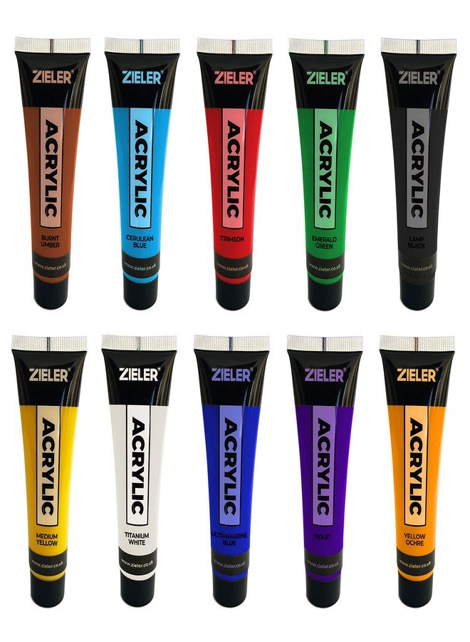 Zieler Premium Acrylic Paint Set (10 Tubes – 38ml - Essential Colours) Ideal for Paper, Canvas, Wood, Ceramic, Fabric & Crafts. Vibrant Colours & Rich Pigments - Image 3
