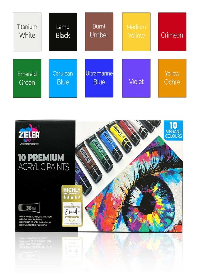 Zieler Premium Acrylic Paint Set (10 Tubes – 38ml - Essential Colours) Ideal for Paper, Canvas, Wood, Ceramic, Fabric & Crafts. Vibrant Colours & Rich Pigments - Image 2
