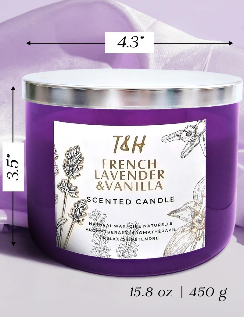 T H Lavender Vanilla Aromatherapy Candle 3 Wick | Scented Candles for Home | 15.8 oz Large Soy Candle | Relaxing Candles with Long Lasting Fragrance | Decorative Candle Gift for Women - Image 4