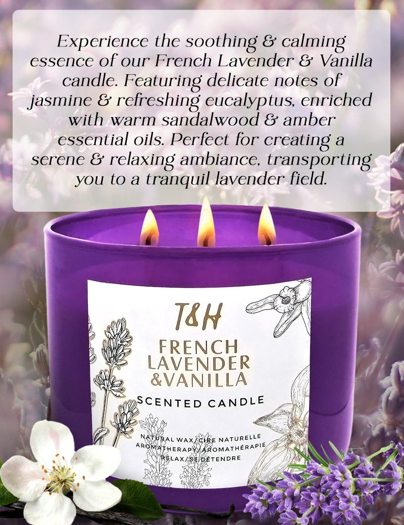 T H Lavender Vanilla Aromatherapy Candle 3 Wick | Scented Candles for Home | 15.8 oz Large Soy Candle | Relaxing Candles with Long Lasting Fragrance | Decorative Candle Gift for Women - Image 2