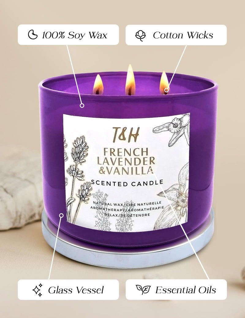 T H Lavender Vanilla Aromatherapy Candle 3 Wick | Scented Candles for Home | 15.8 oz Large Soy Candle | Relaxing Candles with Long Lasting Fragrance | Decorative Candle Gift for Women - Image 5