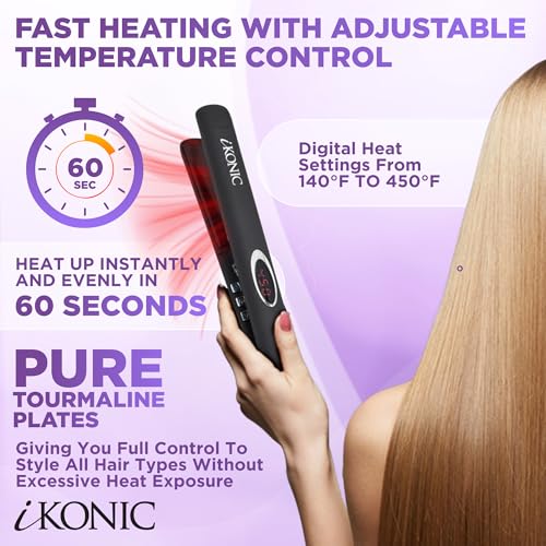 IKonic 100% Tourmaline Ceramic Hair Straightener & Curler– Anti-Static Infrared Ionic 2-in-1 Dual Voltage Flat Iron –1” Floating Plates, Adjustable Temp 140–450°F, Frizz-Free & Fast Heat Hair Iron - Image 3