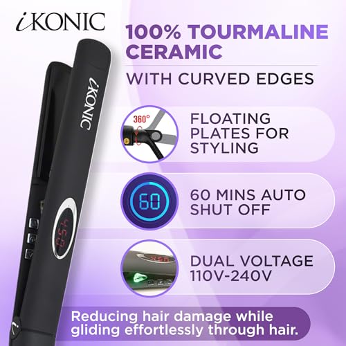 IKonic 100% Tourmaline Ceramic Hair Straightener & Curler– Anti-Static Infrared Ionic 2-in-1 Dual Voltage Flat Iron –1” Floating Plates, Adjustable Temp 140–450°F, Frizz-Free & Fast Heat Hair Iron - Image 2