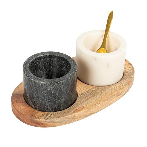 Creative Co-Op 2 Marble Bowls on Mango Wood Base with Salt Spoon - Image 1