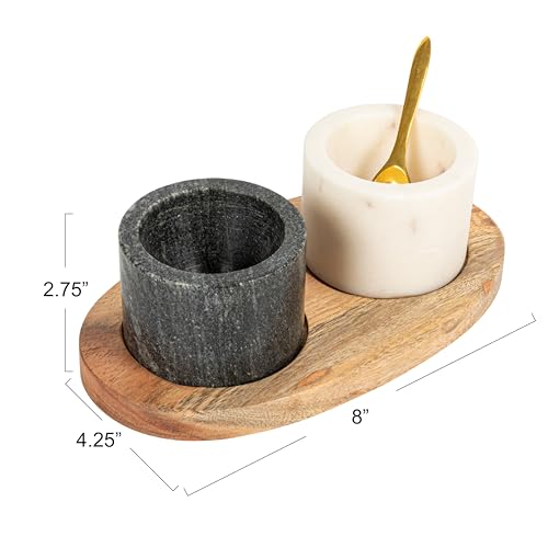 Creative Co-Op 2 Marble Bowls on Mango Wood Base with Salt Spoon - Image 2