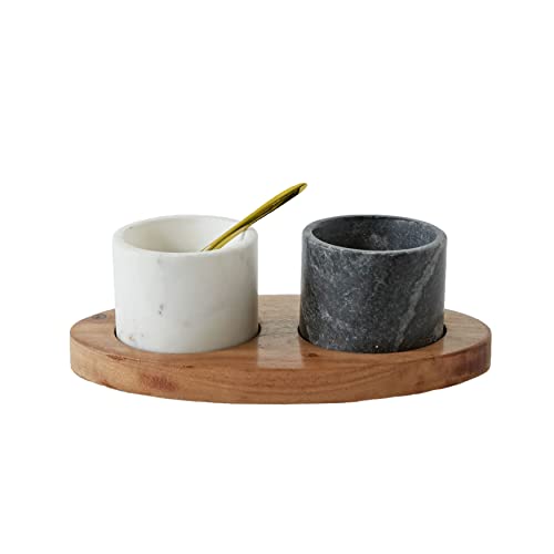 Creative Co-Op 2 Marble Bowls on Mango Wood Base with Salt Spoon - Image 3
