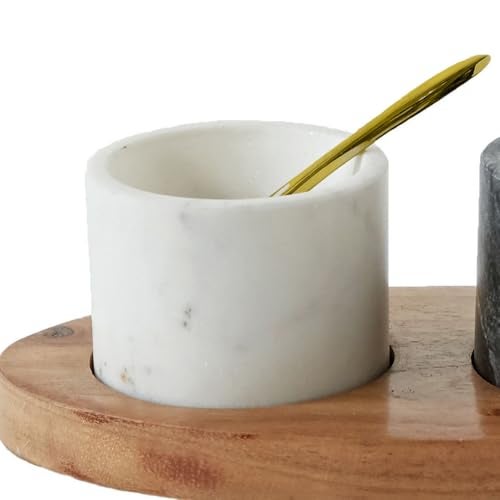 Creative Co-Op 2 Marble Bowls on Mango Wood Base with Salt Spoon - Image 4