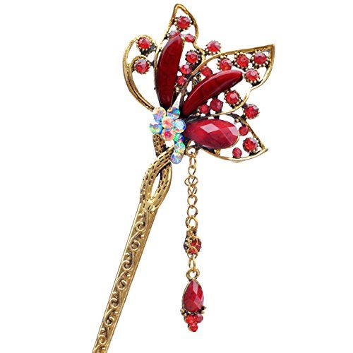 YOY Fashion Long Hair Decor Chinese Traditional Style Women Girls Hair Stick Hairpin Hair Making Accessory with Butterfly,Red - Image 3