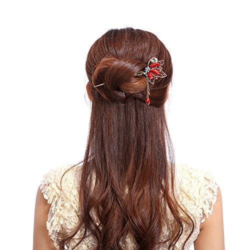 YOY Fashion Long Hair Decor Chinese Traditional Style Women Girls Hair Stick Hairpin Hair Making Accessory with Butterfly,Red - Image 2