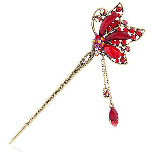 YOY Fashion Long Hair Decor Chinese Traditional Style Women Girls Hair Stick Hairpin Hair Making Accessory with Butterfly,Red - Image 1