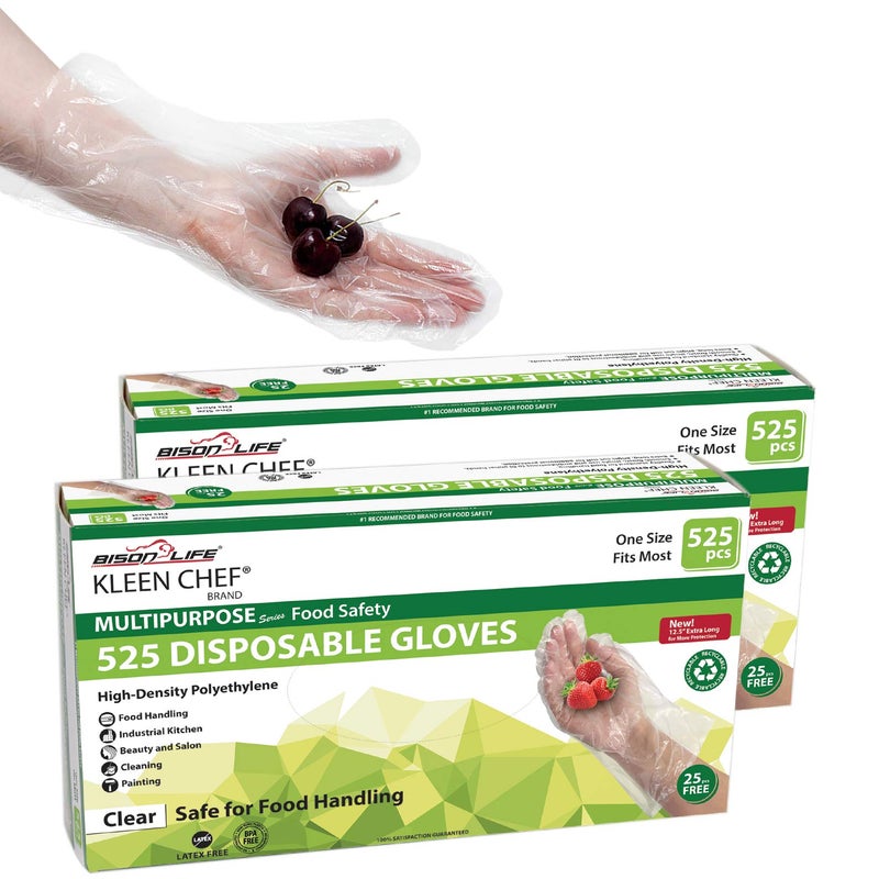 KLEEN CHEF Disposable Food Handling Long Cuff Poly Gloves  One Size Fits Most 525 per Box 2 Boxes