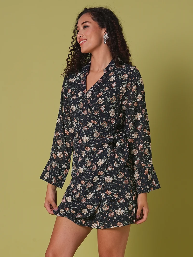 globus Women Navy Blue Collared V-Neck Cuffed Sleeves Allover Floral Print Mini Tie-Up Wrap Dress