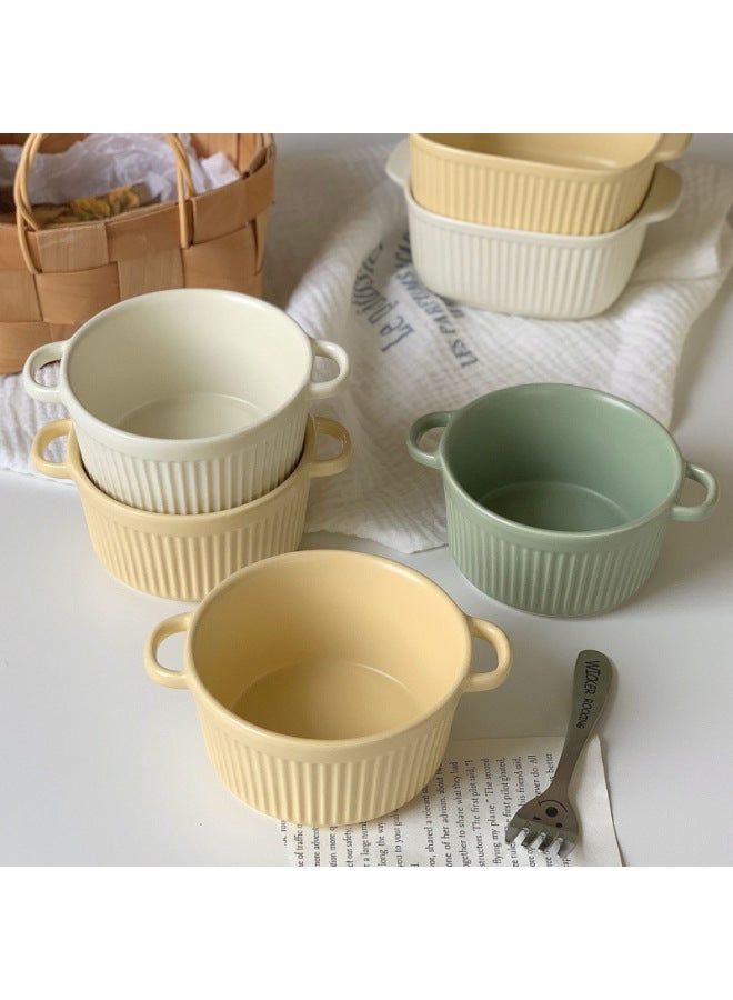 Two-Ear Steamed Egg Bowl Shufulei Baking Bowl With Lid Air Fryer Children's Special Ceramic Egg Stew Cup Pudding Bowl Tableware-Specifications:Default-Capacity:Milky White-small Round Striped Baking Bowl  - Image 4