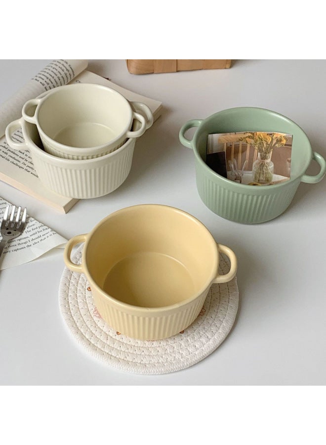 Two-Ear Steamed Egg Bowl Shufulei Baking Bowl With Lid Air Fryer Children's Special Ceramic Egg Stew Cup Pudding Bowl Tableware-Specifications:Default-Capacity:Milky White-small Round Striped Baking Bowl  - Image 3