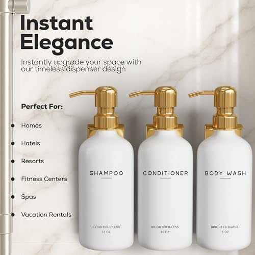 Brighter Barns Luxury Shampoo and Conditioner Dispenser Set Wall Mounted by Brighter Barns Refillable Shampoo and Conditioner Bottles Shower Dispenser 3 Chamber No Drill White and Gold Bathroom Decor Gold - Image 3
