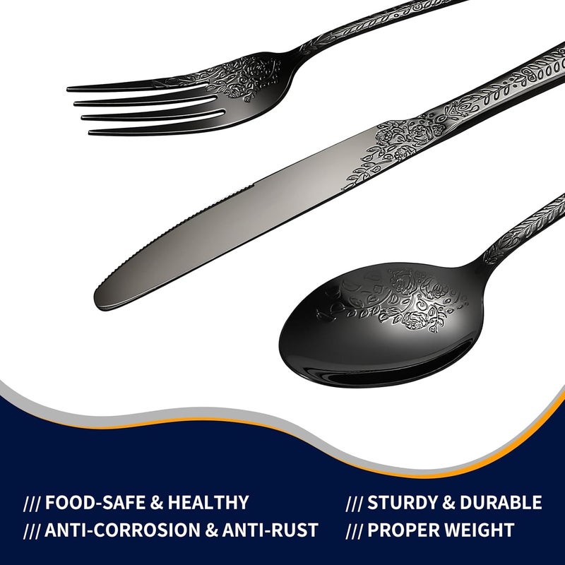 Lazycorner Floral 40 Pcs Black Silverware Set for 8 Food Grade Stainless Steel Flatware Set with Rose Flower Embossed Design Eating Utensils Sets Include ForkKnifeSpoon Reusable Cutlery Set Dishwasher Safe - Image 5