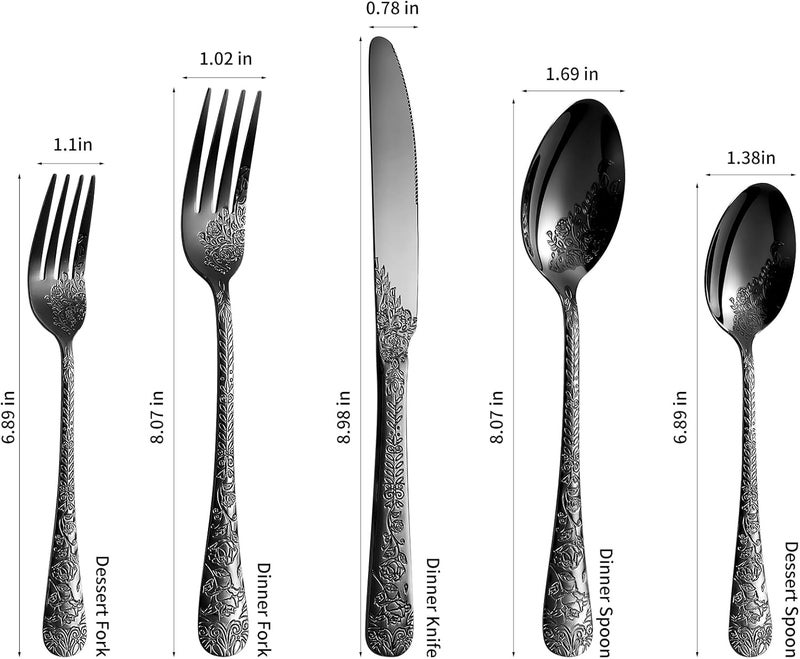 Lazycorner Floral 40 Pcs Black Silverware Set for 8 Food Grade Stainless Steel Flatware Set with Rose Flower Embossed Design Eating Utensils Sets Include ForkKnifeSpoon Reusable Cutlery Set Dishwasher Safe - Image 3