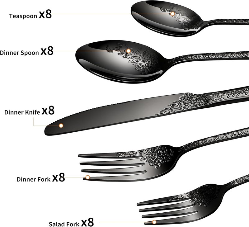 Lazycorner Floral 40 Pcs Black Silverware Set for 8 Food Grade Stainless Steel Flatware Set with Rose Flower Embossed Design Eating Utensils Sets Include ForkKnifeSpoon Reusable Cutlery Set Dishwasher Safe - Image 2