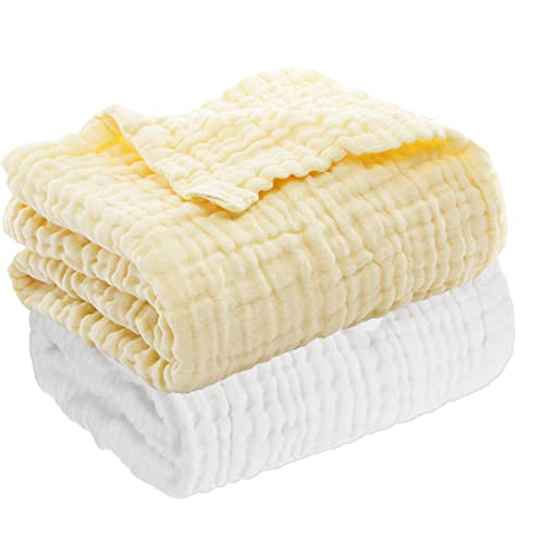 Aablexema Muslin Baby Blanket Set of 2, 6-Layer 43 x 43 Inches Newborn Toddler Bath Towel Swaddle Wrap Blankets for Boys Girls (White & Yellow) - Image 1