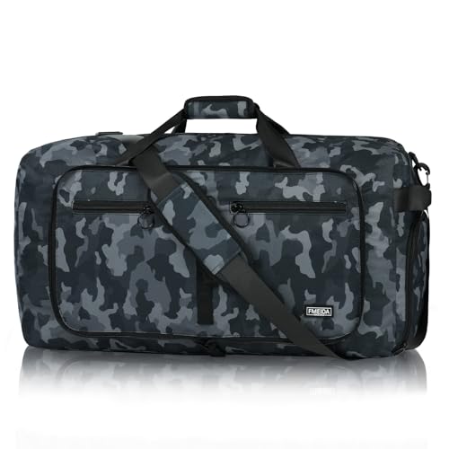 Fmeida 65L Duffle Bag with Shoes Compartment, Foldable Travel Duffel Bags for Men Women, Large Packable Travel Bag Water Repellent & Tear Resistant (BlackCamo) - Image 1