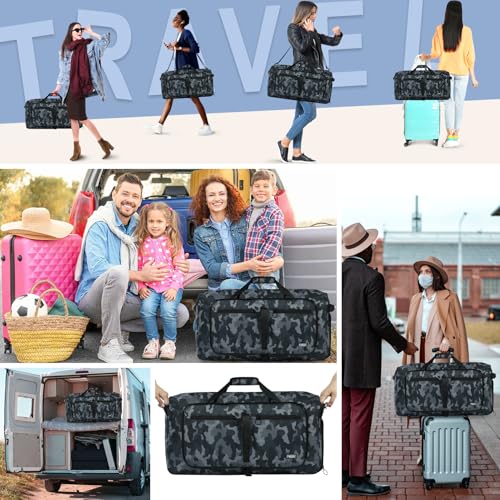 Fmeida 65L Duffle Bag with Shoes Compartment, Foldable Travel Duffel Bags for Men Women, Large Packable Travel Bag Water Repellent & Tear Resistant (BlackCamo) - Image 2