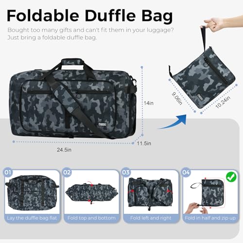 Fmeida 65L Duffle Bag with Shoes Compartment, Foldable Travel Duffel Bags for Men Women, Large Packable Travel Bag Water Repellent & Tear Resistant (BlackCamo) - Image 3