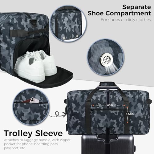 Fmeida 65L Duffle Bag with Shoes Compartment, Foldable Travel Duffel Bags for Men Women, Large Packable Travel Bag Water Repellent & Tear Resistant (BlackCamo) - Image 5