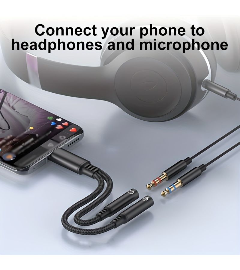 كابل محول من نوع C إلى مقبسين 3.5 ملم، لون رمادي، محول USB-C إلى مقسم صوت مقبس 3.5 - Image 3