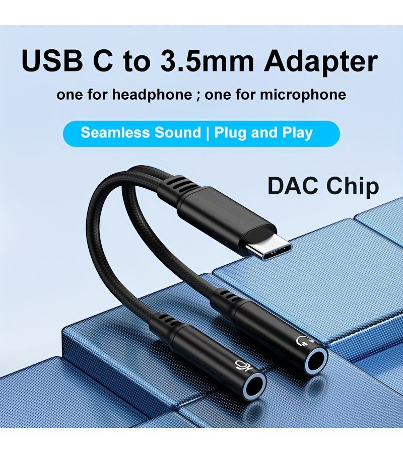 كابل محول من نوع C إلى مقبسين 3.5 ملم، لون رمادي، محول USB-C إلى مقسم صوت مقبس 3.5 - Image 1