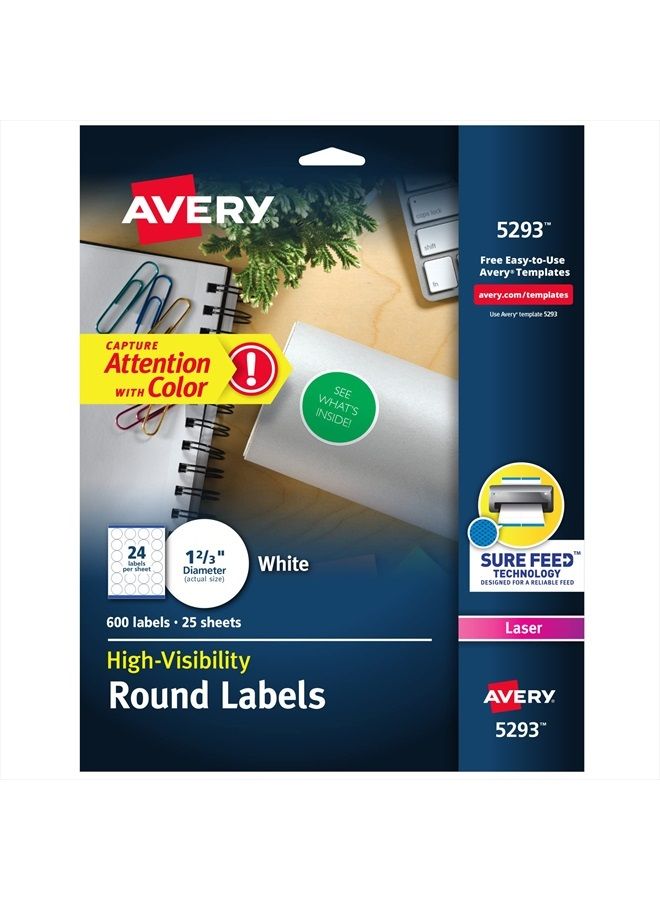 Avery High Visibility Printable Round Labels with Sure Feed, 1-2/3" Diameter, White, 600 Customizable Blank Labels (5293) - Image 1