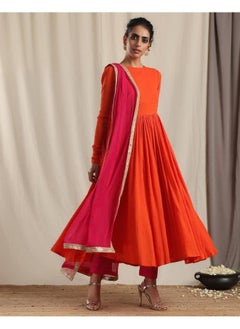 trueBrowns Orange Crinkle Anarkali Kurta Pant Dupatta Set  - Image 1