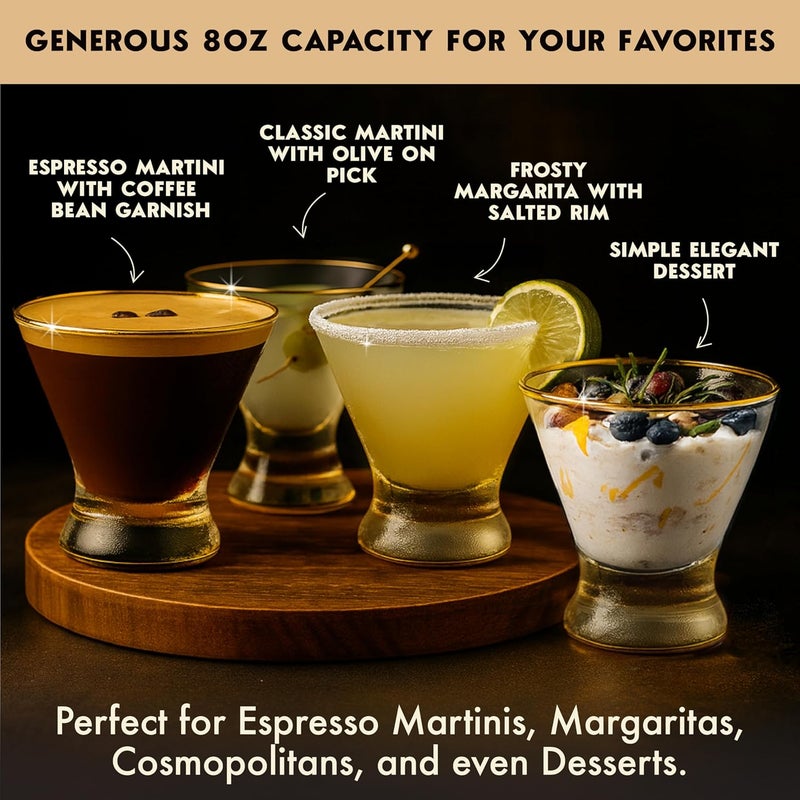 VEMACITY - Stemless Martini Glasses Set of 4 with Gold Rims & Bar Tools - Crystal Cocktail Glasses for Espresso Martinis, Margaritas - Includes Gold Jigger & 4 Picks | Ideal for Christmas & New Years - Image 5