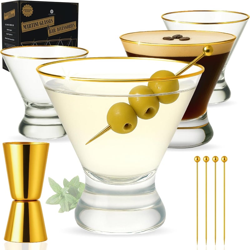 VEMACITY - Stemless Martini Glasses Set of 4 with Gold Rims & Bar Tools - Crystal Cocktail Glasses for Espresso Martinis, Margaritas - Includes Gold Jigger & 4 Picks | Ideal for Christmas & New Years - Image 1