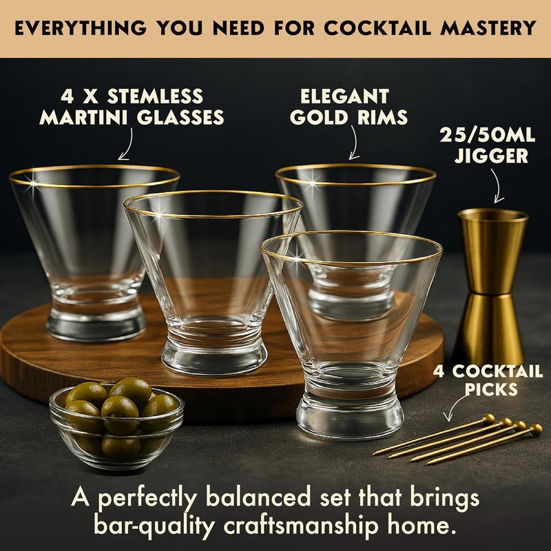VEMACITY - Stemless Martini Glasses Set of 4 with Gold Rims & Bar Tools - Crystal Cocktail Glasses for Espresso Martinis, Margaritas - Includes Gold Jigger & 4 Picks | Ideal for Christmas & New Years - Image 2