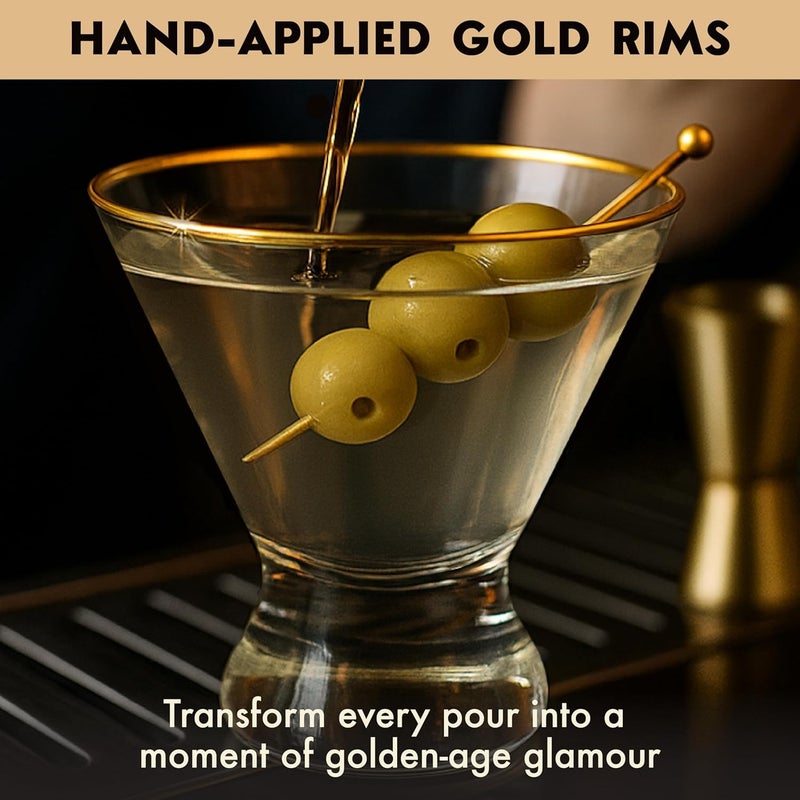VEMACITY - Stemless Martini Glasses Set of 4 with Gold Rims & Bar Tools - Crystal Cocktail Glasses for Espresso Martinis, Margaritas - Includes Gold Jigger & 4 Picks | Ideal for Christmas & New Years - Image 4