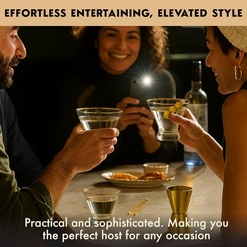 VEMACITY - Stemless Martini Glasses Set of 4 with Gold Rims & Bar Tools - Crystal Cocktail Glasses for Espresso Martinis, Margaritas - Includes Gold Jigger & 4 Picks | Ideal for Christmas & New Years - Image 3