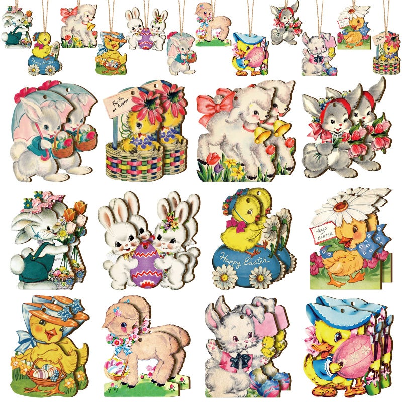 Marsui 24 Pcs Vintage Easter Tree Ornaments Egg Bunny Wooden Hanging Ornaments Spring Chick Hanging Decorations Rabbit Wood Pendants with Rope Retro Easter Decorations for Tree Home Party Decor - Image 1