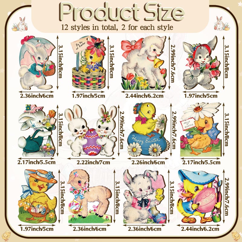 Marsui 24 Pcs Vintage Easter Tree Ornaments Egg Bunny Wooden Hanging Ornaments Spring Chick Hanging Decorations Rabbit Wood Pendants with Rope Retro Easter Decorations for Tree Home Party Decor - Image 3