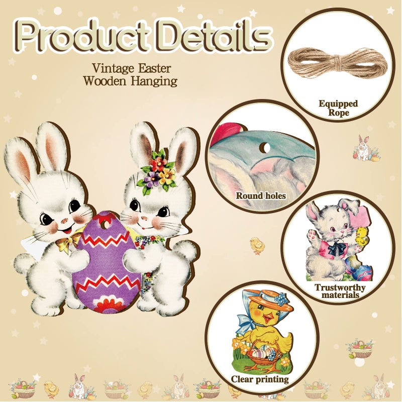 Marsui 24 Pcs Vintage Easter Tree Ornaments Egg Bunny Wooden Hanging Ornaments Spring Chick Hanging Decorations Rabbit Wood Pendants with Rope Retro Easter Decorations for Tree Home Party Decor - Image 5
