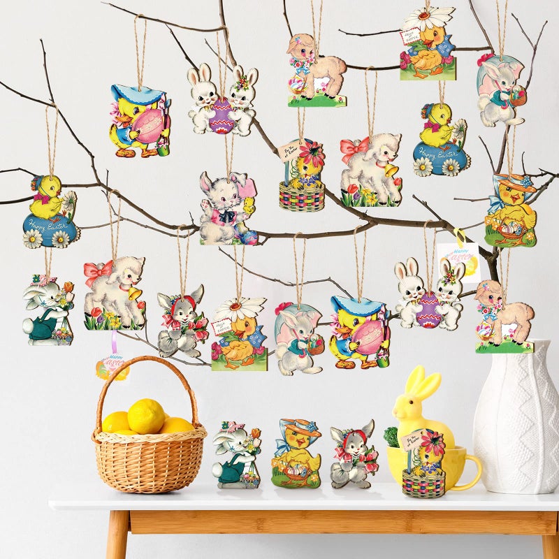 Marsui 24 Pcs Vintage Easter Tree Ornaments Egg Bunny Wooden Hanging Ornaments Spring Chick Hanging Decorations Rabbit Wood Pendants with Rope Retro Easter Decorations for Tree Home Party Decor - Image 2