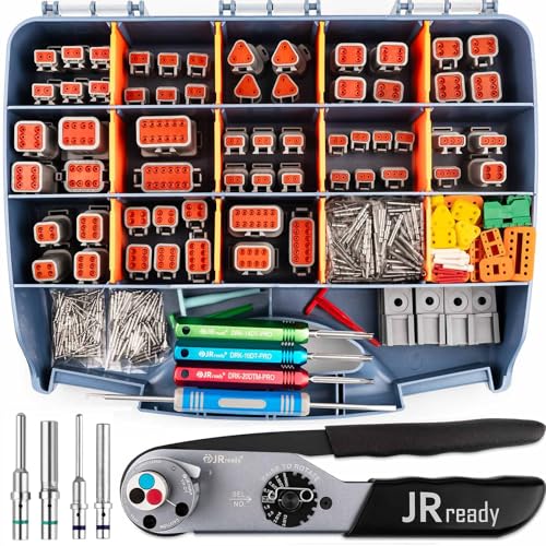 JRready ST6437 Deutsch Connector Kit DT DTM Connectors 2 3 4 6 8 12 Pin with Turret Style Crimping Tool Size 16 20 Solid Pins Wire Gauge 1422AWG 14AWG Yellow Seals and Removal Tools - Image 1