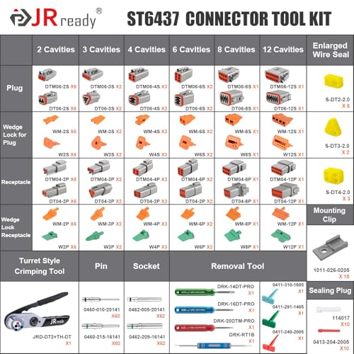 JRready ST6437 Deutsch Connector Kit DT DTM Connectors 2 3 4 6 8 12 Pin with Turret Style Crimping Tool Size 16 20 Solid Pins Wire Gauge 1422AWG 14AWG Yellow Seals and Removal Tools - Image 3